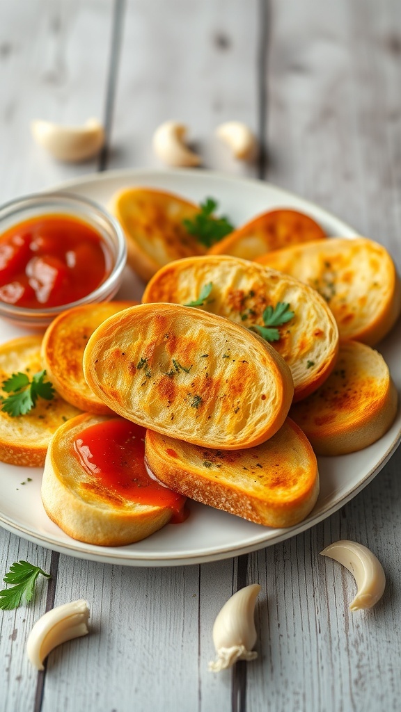 Homemade Garlic Toast Recipe Golden brown garlic toast with parsley on a rustic table, served with marinara sauce.